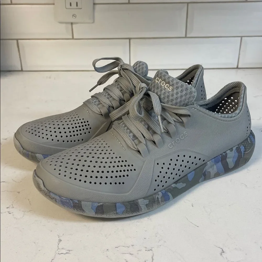 Crocs LiteRide Pacer Camo (Gray/Light Blue) Tennis Shoes 206494 Women's Sz 11